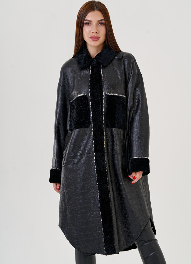 Двухсторонняя женская дубленка черного цвета  модель № 23357 меха малина