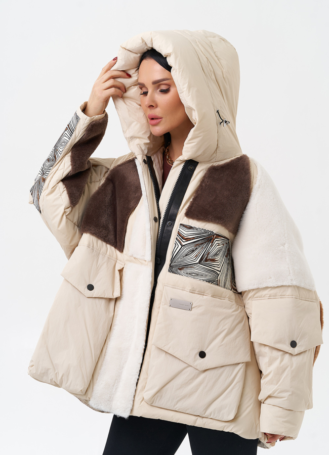 Комбинированный женский пуховик с капюшоном модель № 28376 универмаг малина