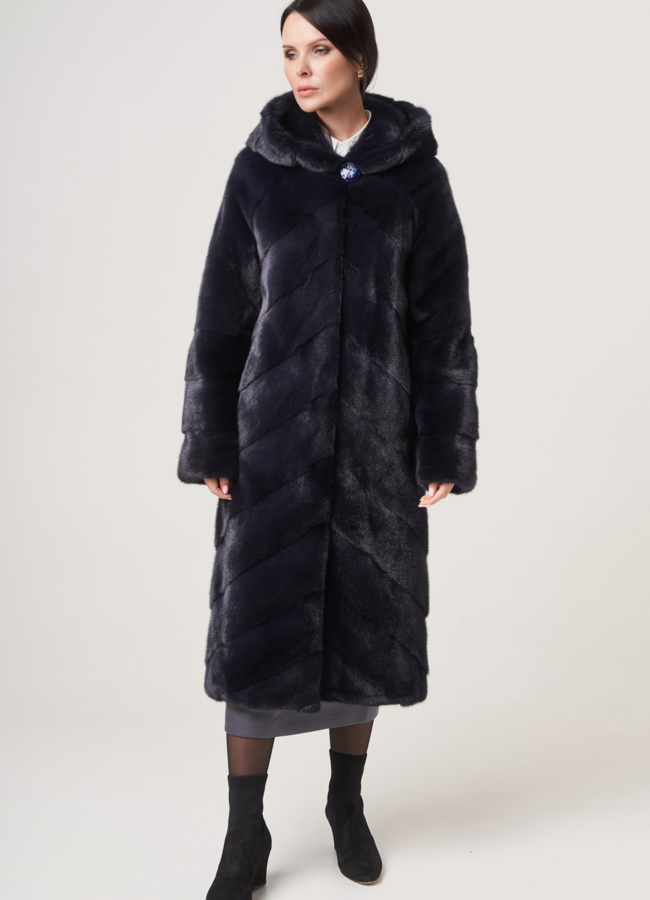 Норковая шуба прямая с капюшоном модель № S-761 универмаг малина