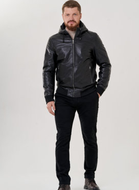 Мужская кожаная куртка с капюшоном 