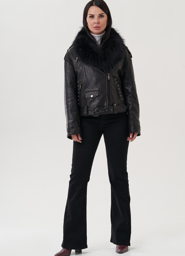 фото Женская куртка из натуральной кожи с отделкой из меха песца модель № 25372