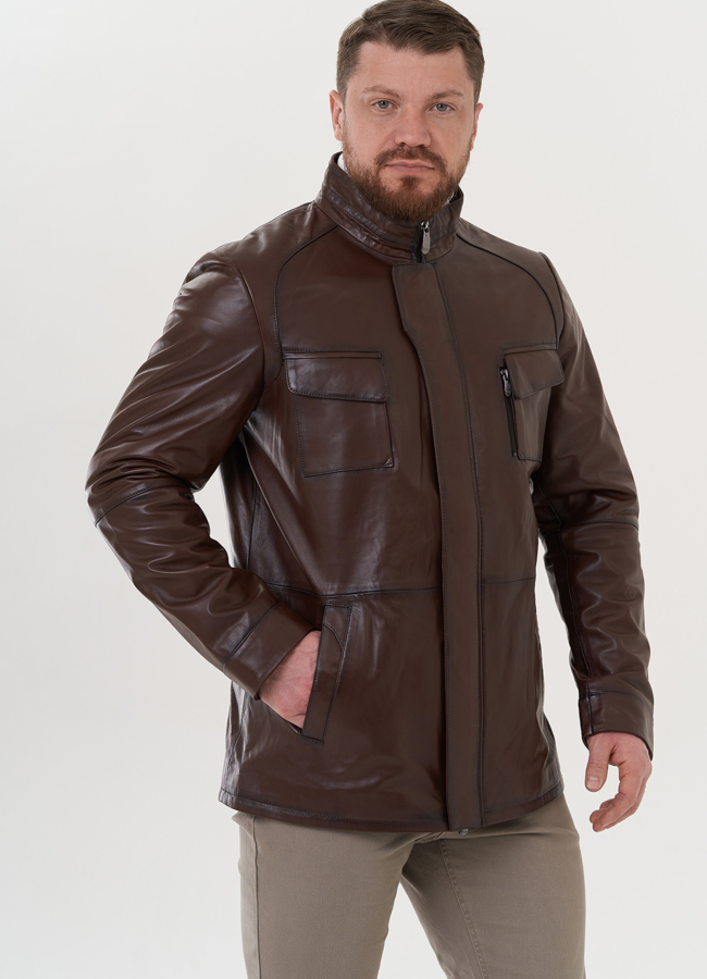 Мужская куртка из натуральной кожи  модель № 26703 меха малина