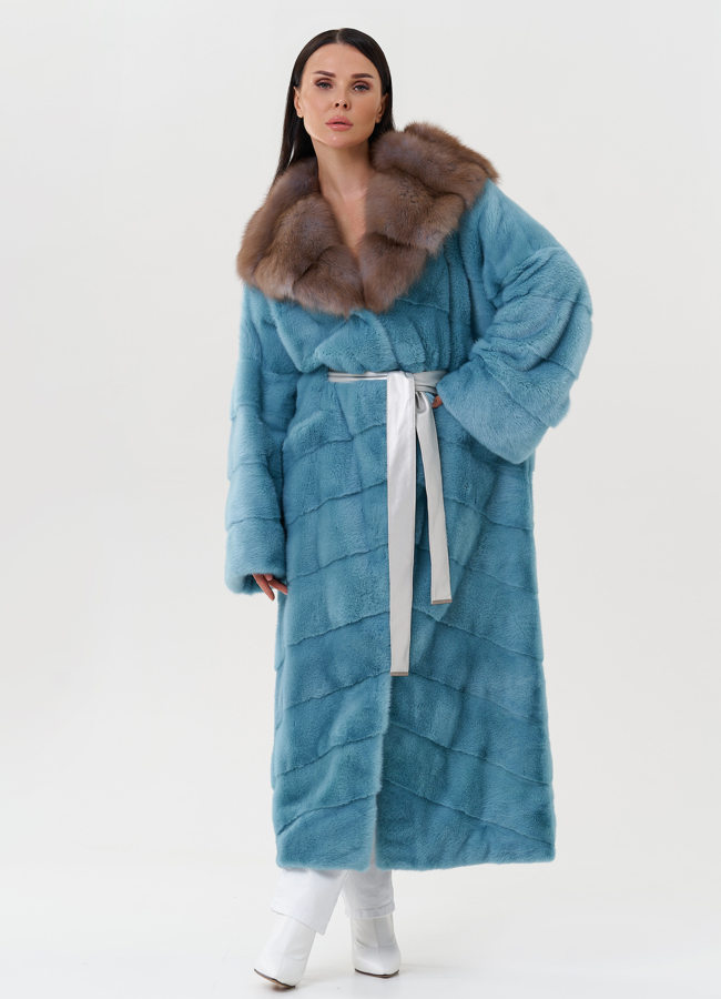 фото Женская норковая шуба с капюшоном из куницы модель № 27567