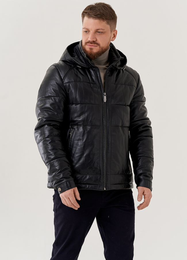 Мужской пуховик из натуральной кожи  модель № 78957 меха малина