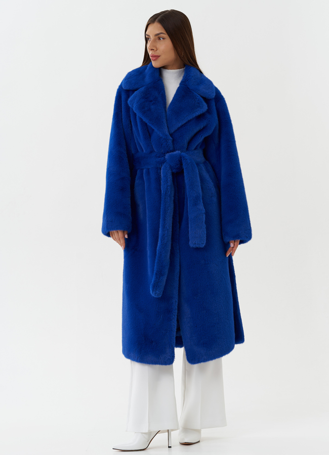 Пальто из эко меха с поясом модель № 27798 в кредит