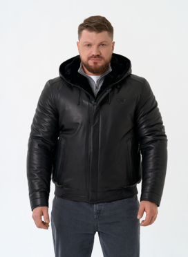 Мужской пуховик из натуральной кожи с капюшоном