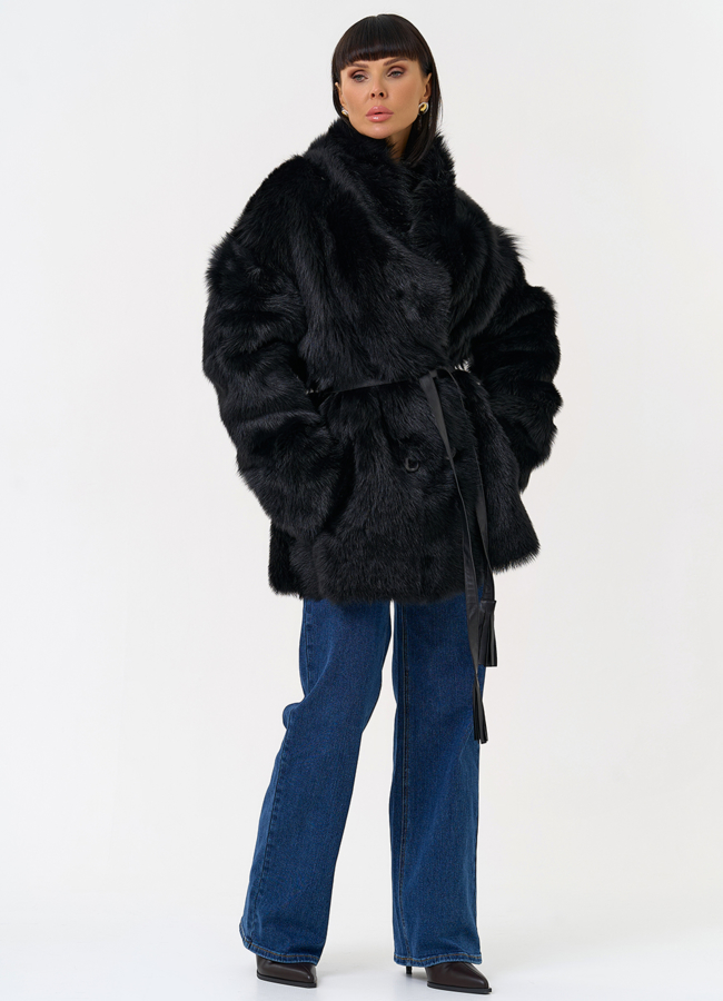 Двухсторонняя дубленка черного цвета с декоративным поясом модель № 31618 в рассрочку Двухсторонняя дубленка черного цвета с декоративным поясом модель № 31618 в рассрочку