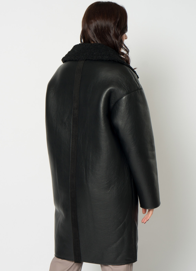 Дубленка из эко кожи черного цвета на молнии модель № 18265 в рассрочку