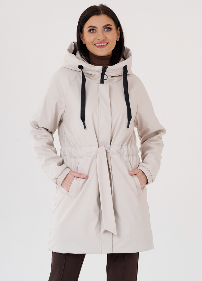 Женское удлиненное пальто из эко кожи на утеплении модель № 397 меха малина