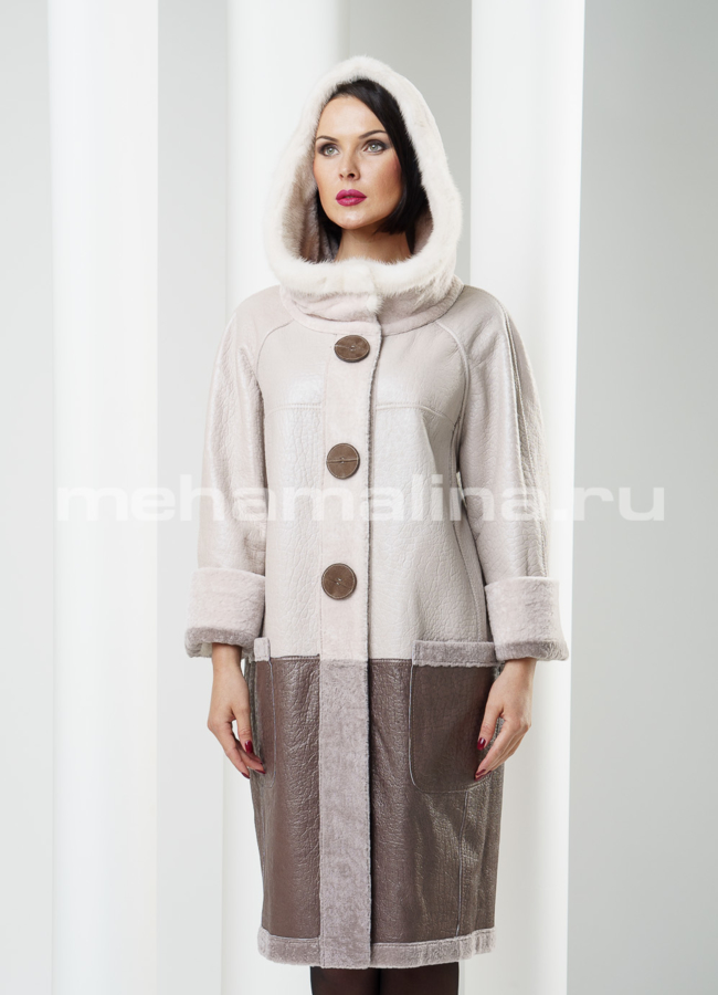 Лакон- двустороннее меховое пальто с капюшоном модель № S-216 в кредит