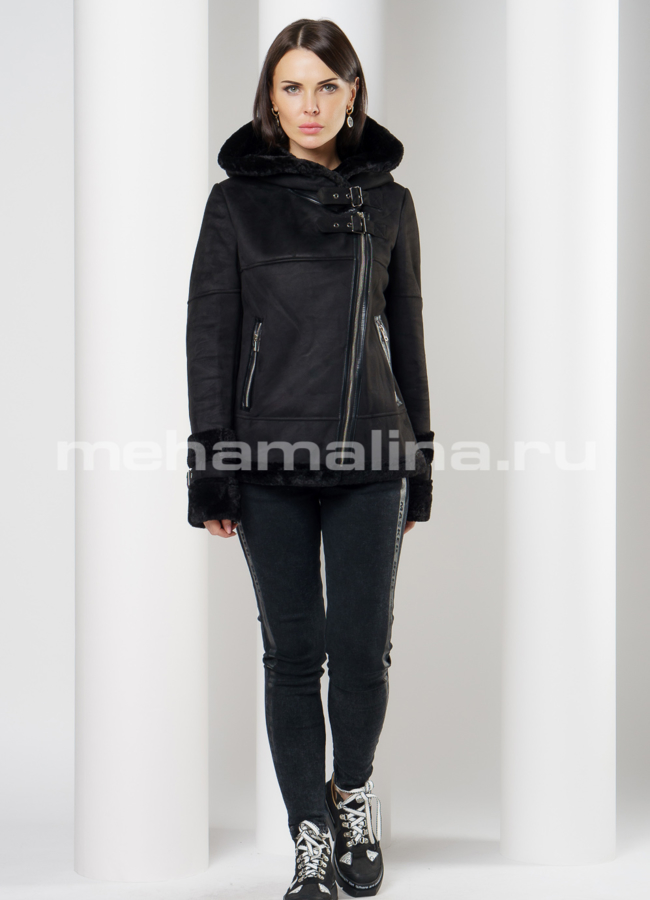Эко дубленка на молнии с капюшоном в черном цвете модель № 9186 в кредит