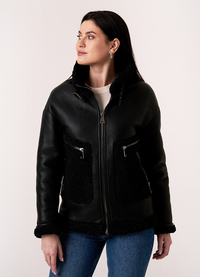 Черная дубленка с отделкой из искусственного меха  модель № 2063 универмаг малина