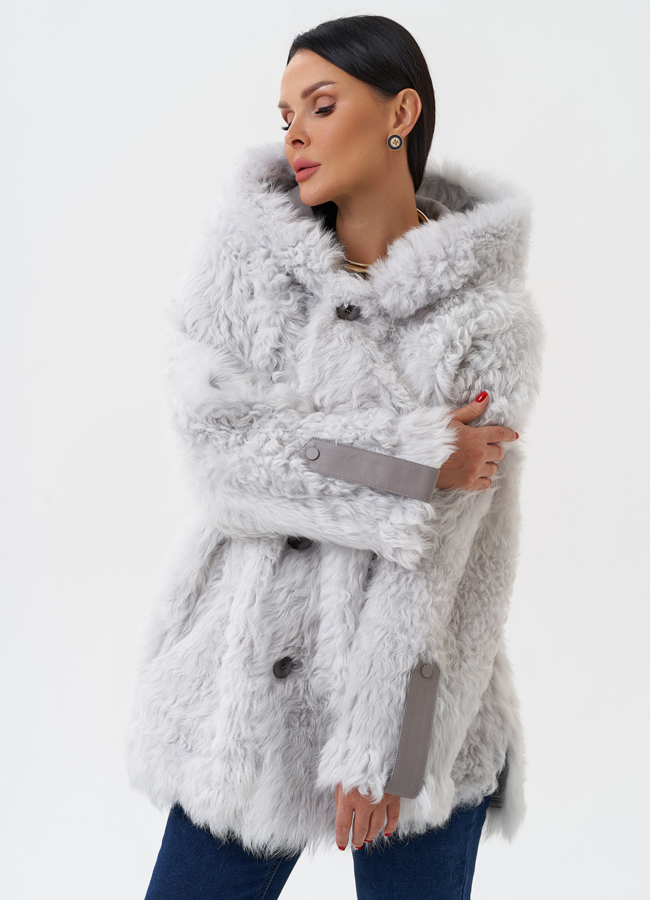 Женская натуральная дубленка с капюшоном модель № 28953 универмаг малина