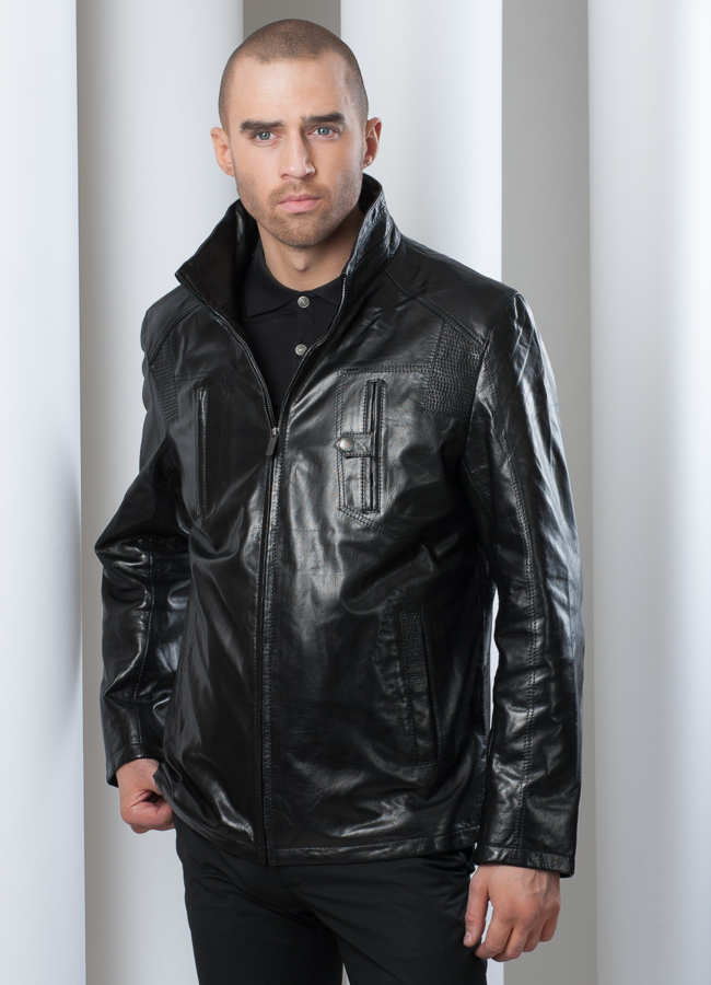 Кожаная куртка на молнии с перфорированными вставками модель № KP-27 в кредит