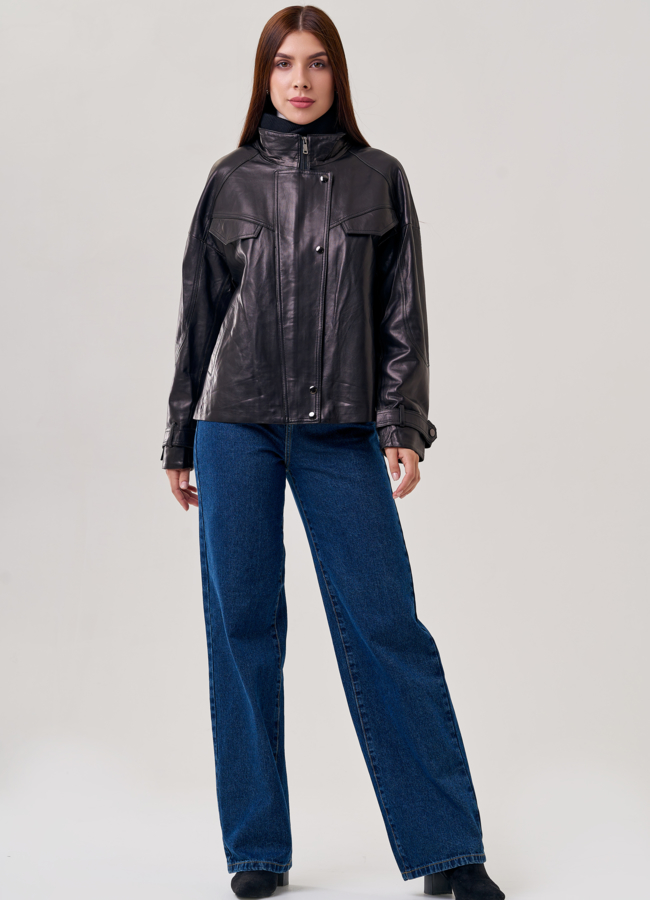 фото Женская куртка из натуральной кожи черного цвета  модель № 22454