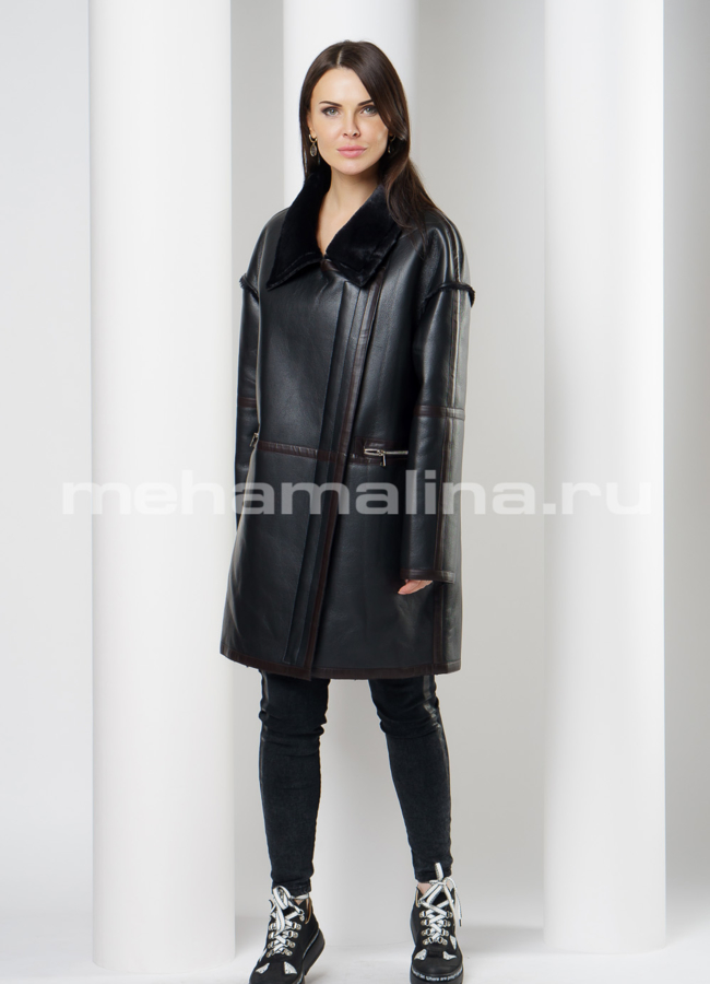 фото Дубленка из эко кожи черного цвета на молнии модель № 9619