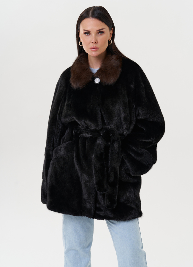 Женская норковая шуба с отделкой из куницы модель № 27587 меха малина