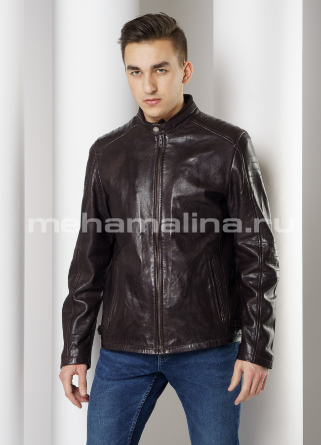 Кожаная мото куртка  модель № Chester меха малина