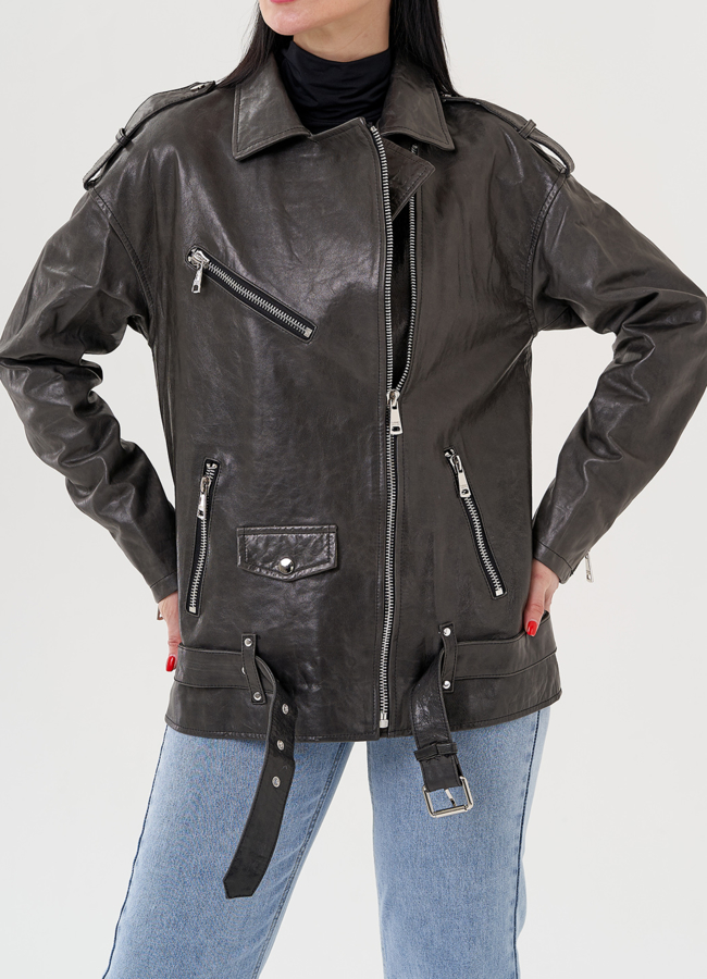 Длинная косуха из натуральной кожи серого цвета модель № 24362 в рассрочку Длинная косуха из натуральной кожи серого цвета модель № 24362 в рассрочку