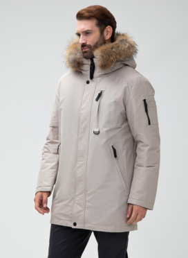 Мужской пуховик с капюшоном из меха енота