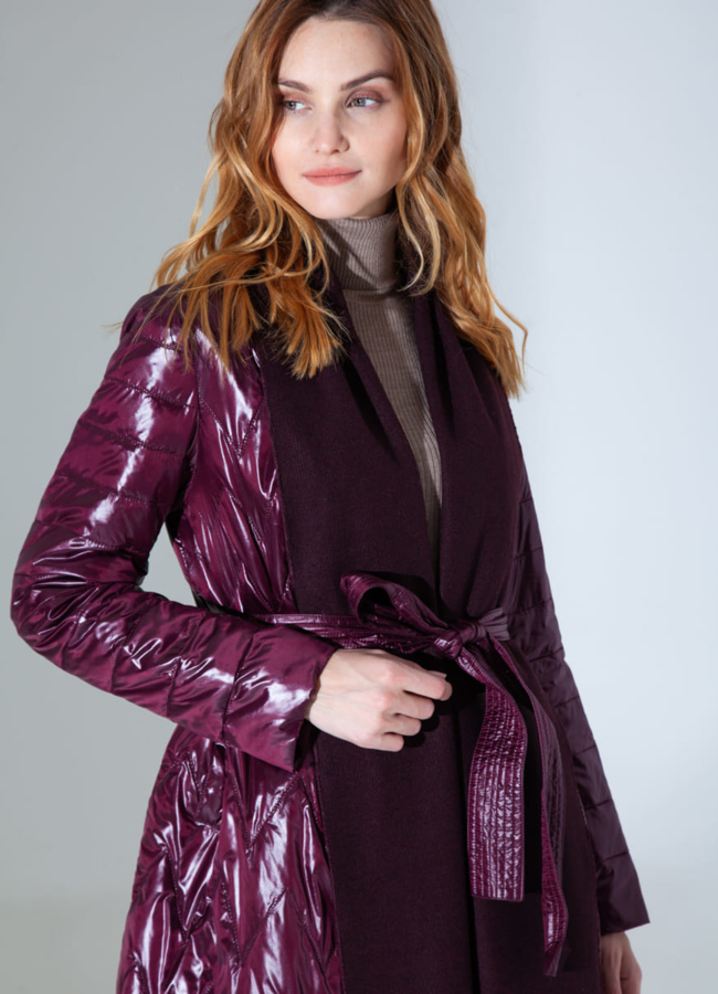 Комбинированное пальто цвета марсала модель № 828 в кредит