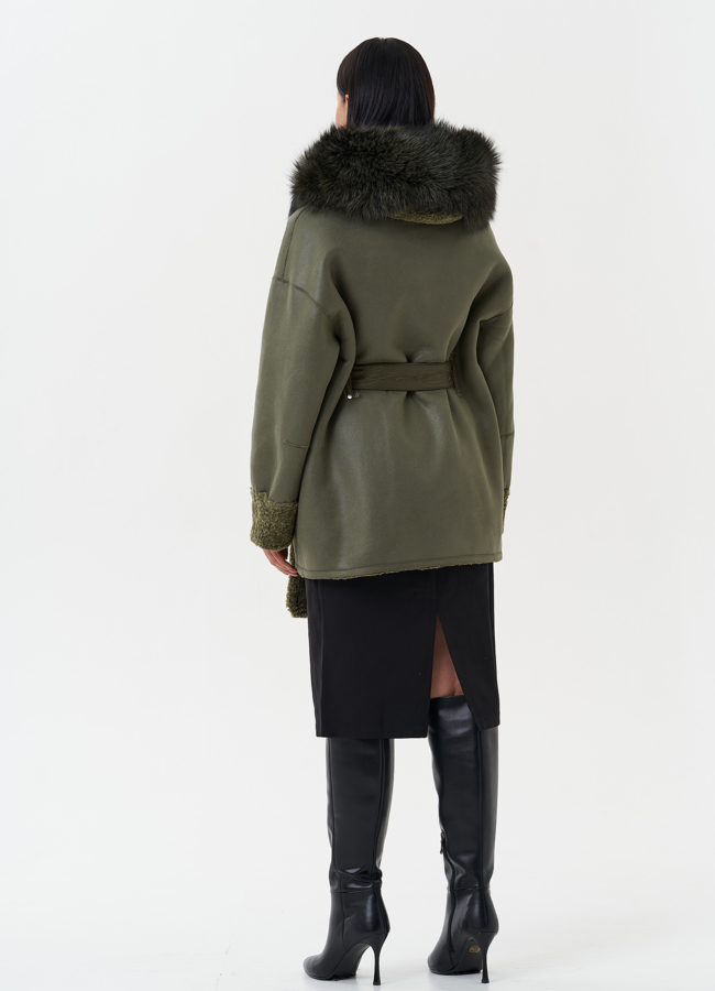 Эко дубленка с капюшоном из меха чернобурки модель № 27771 универмаг малина