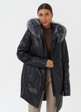 Утепленное полупальто из натуральной кожи с капюшоном 