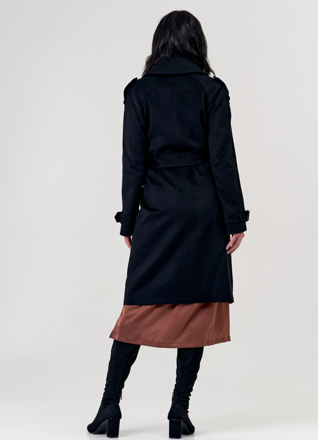 Женское пальто черного цвета с поясом модель № 21346 в рассрочку