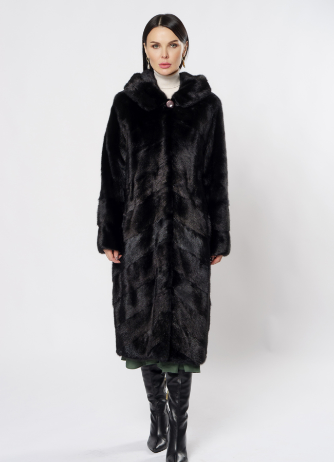 фото Шуба из норки с капюшоном черного цвета модель № 381