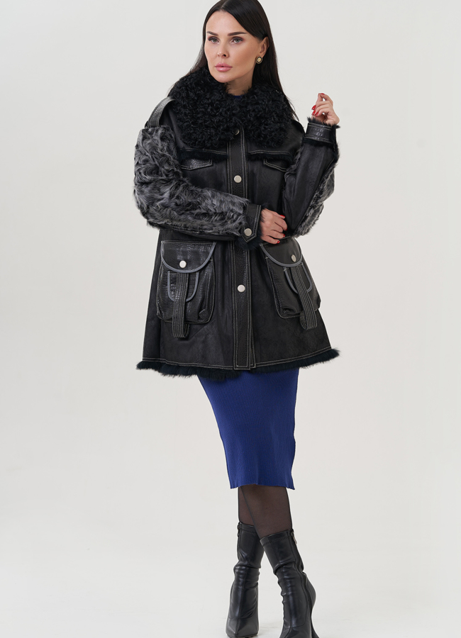 фото Полупальто черное из меха кролика модель № 25547