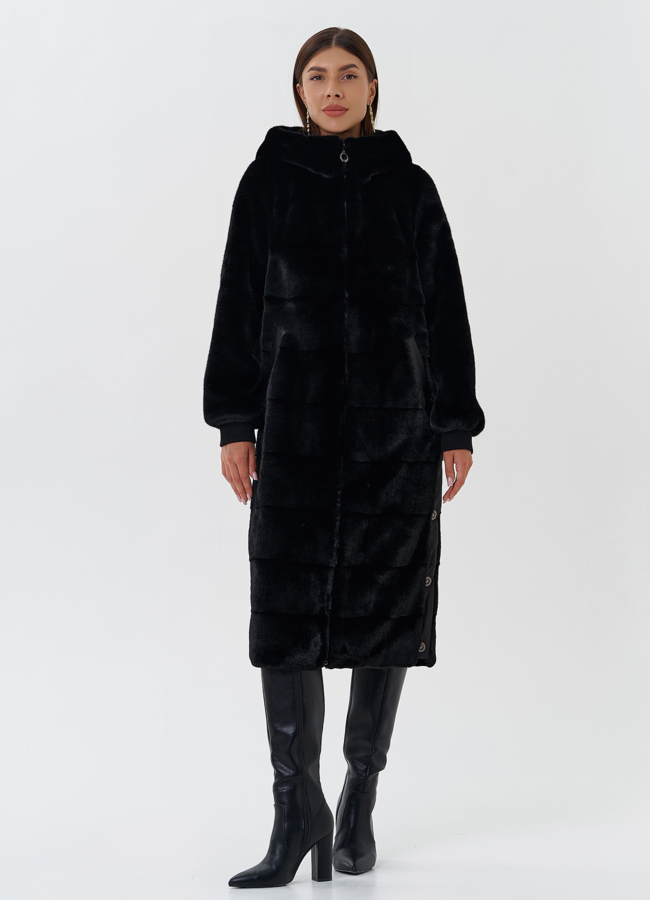 Пальто из эко меха с капюшоном модель № 27749 меха малина