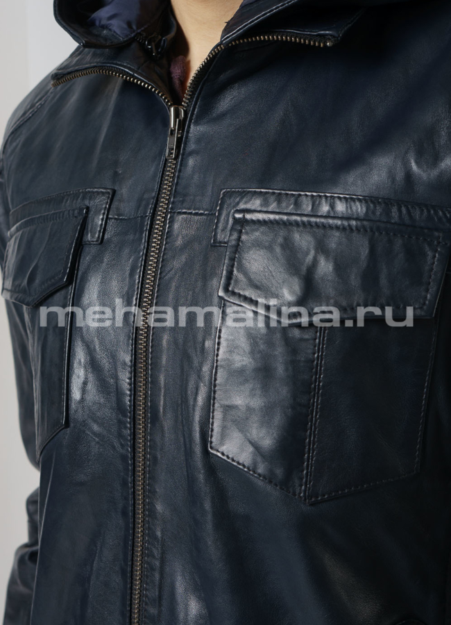 Кожаная куртка с капюшоном синего цвета модель № 001 в кредит
