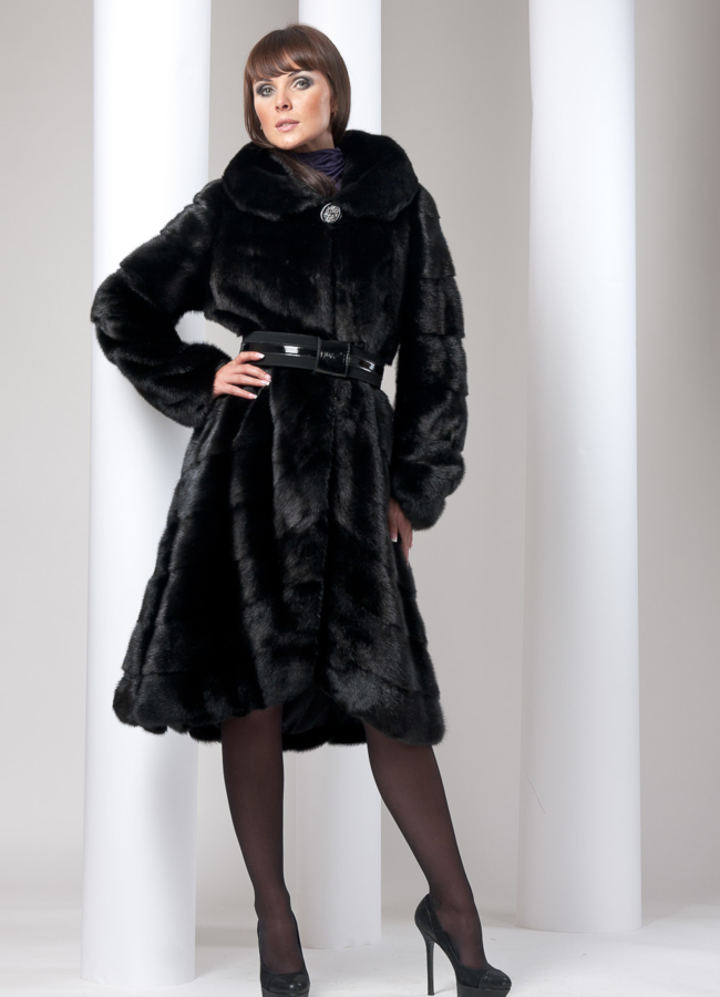 Шуба норка черная с капюшоном модель № S-34 меха малина