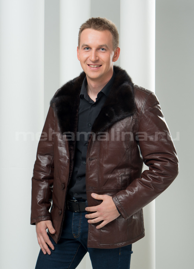 Дубленка на пуговицах, коричневая модель № DM-64 меха малина