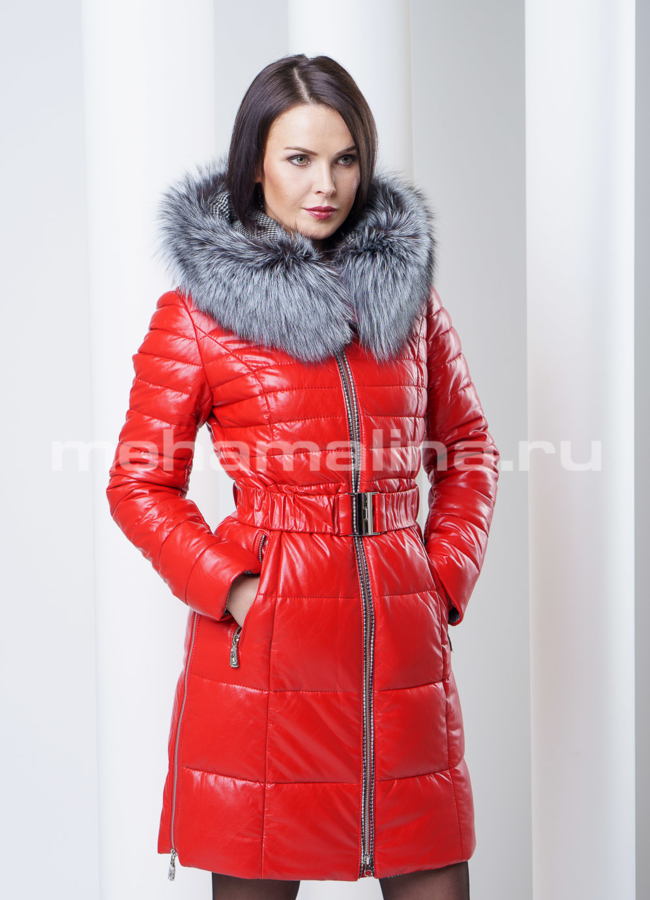 фото Красный пуховик из экокожи модель № П-32