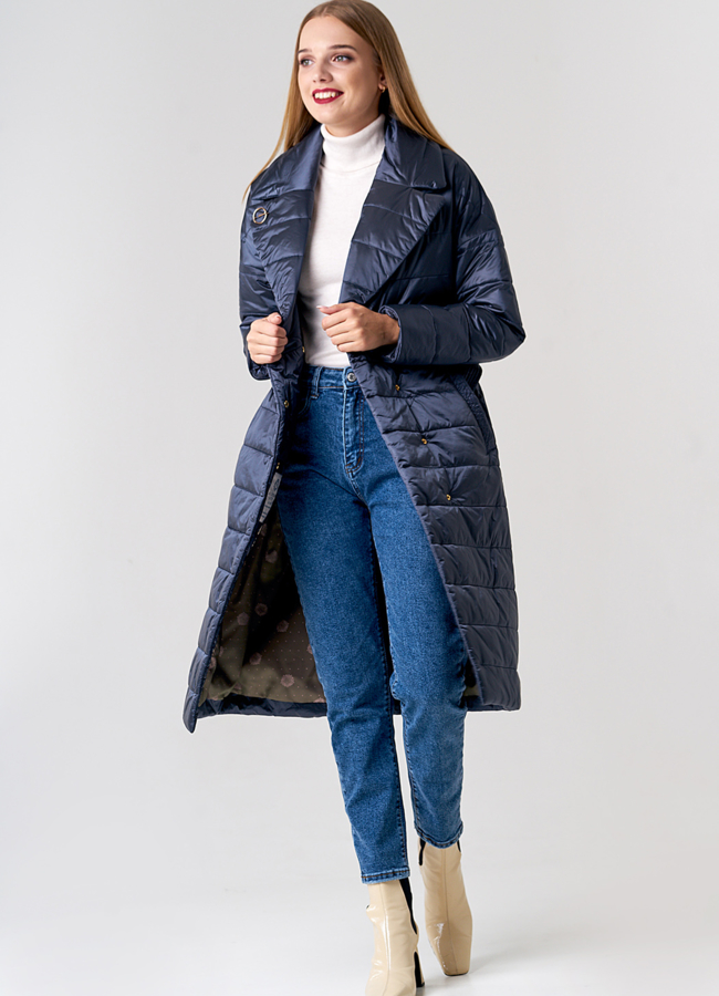 Женское стеганое пальто с поясом модель № 21643 универмаг малина