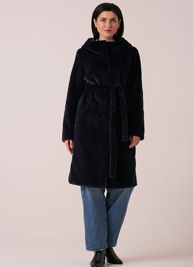 Шуба из искусственного меха двусторонняя синего цвета  модель №  1062 меха малина