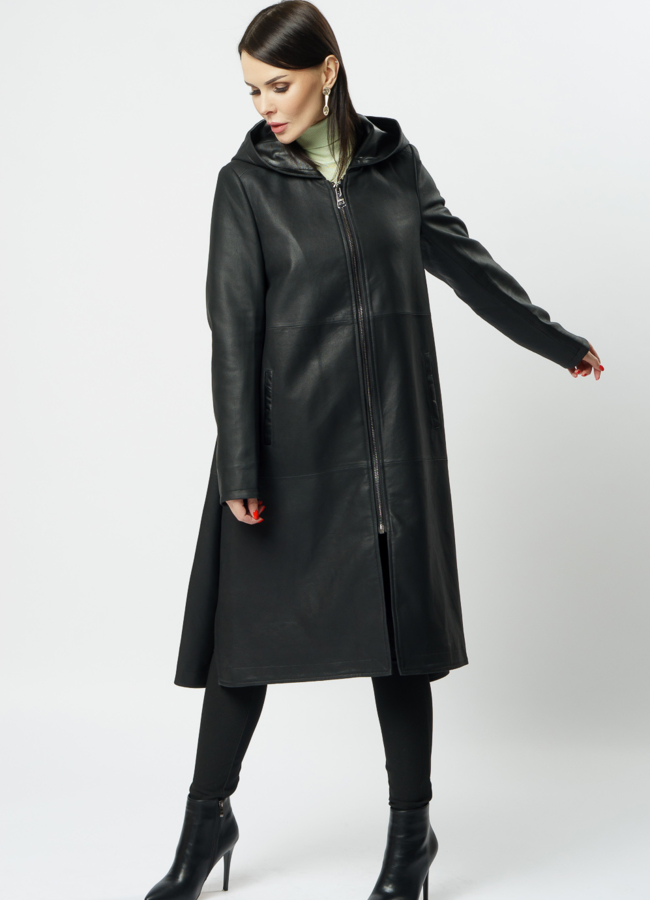 Пальто с капюшоном из натуральной кожи  модель № 10711 универмаг малина