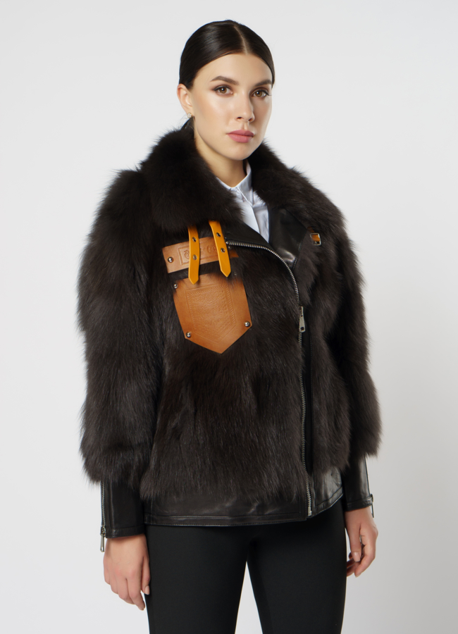 Куртка женская из натуральной кожи с отделкой из песца модель № 20909 в кредит