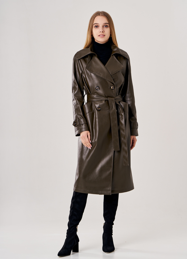 Плащ женский из эко кожи зеленого цвета модель № 5-0128/1-110 в кредит