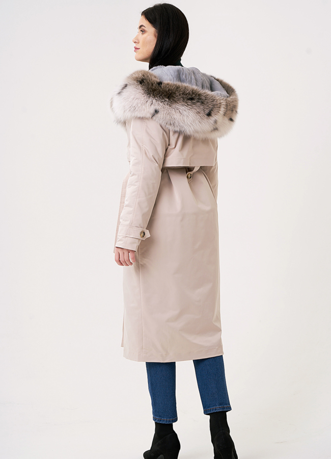 Бежевая удлиненная парка с песцом модель № 69121 универмаг малина