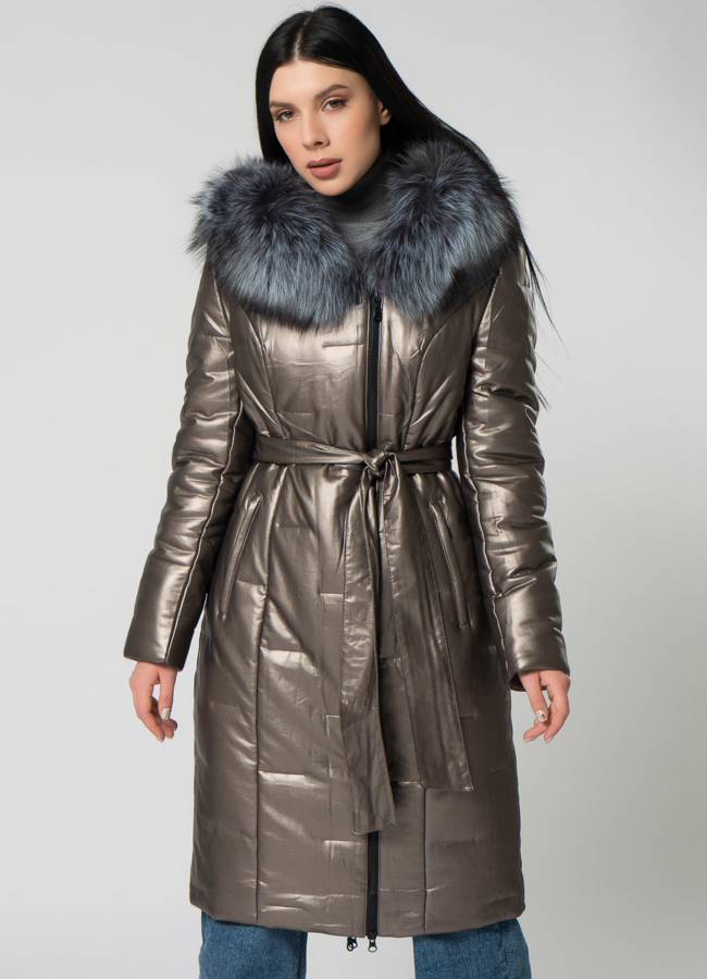 Пуховик из эко кожи с чернобуркой модель № 22122 меха малина