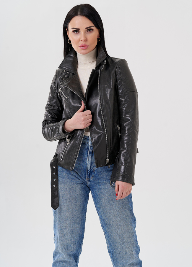 Женская куртка - косуха из натуральной кожи серого цвета  модель № 24121 в кредит