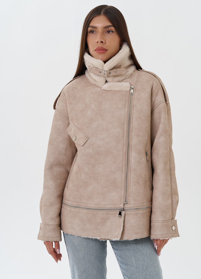 Женская дубленка из эко кожи с английским воротником модель № 27752 в рассрочку