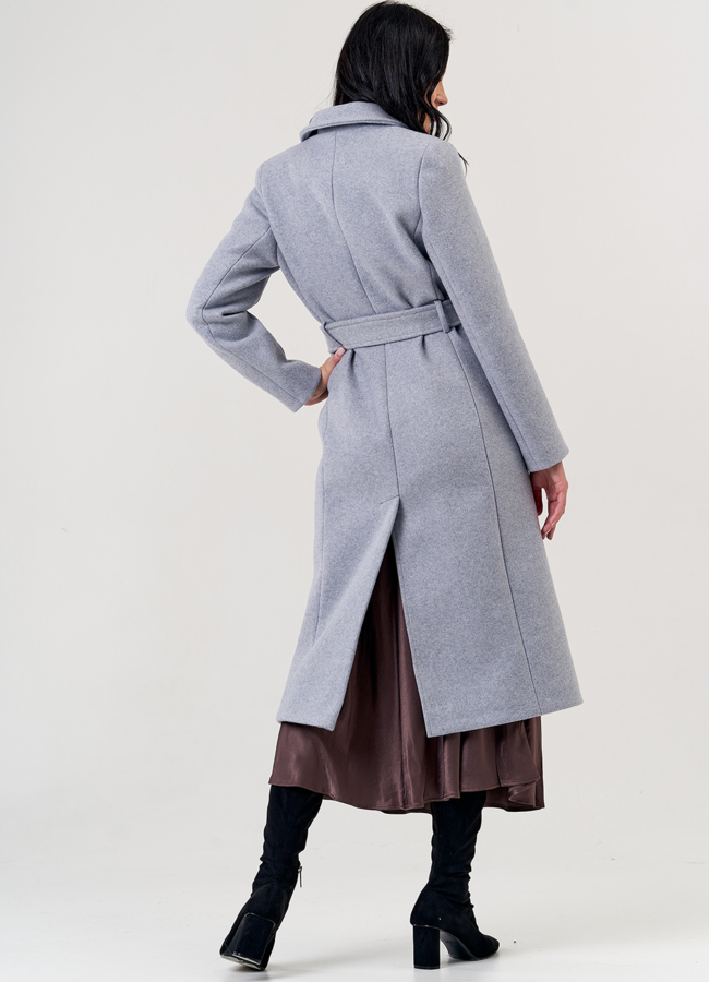 Женское пальто серого цвета с английским воротником модель № 20755 в кредит