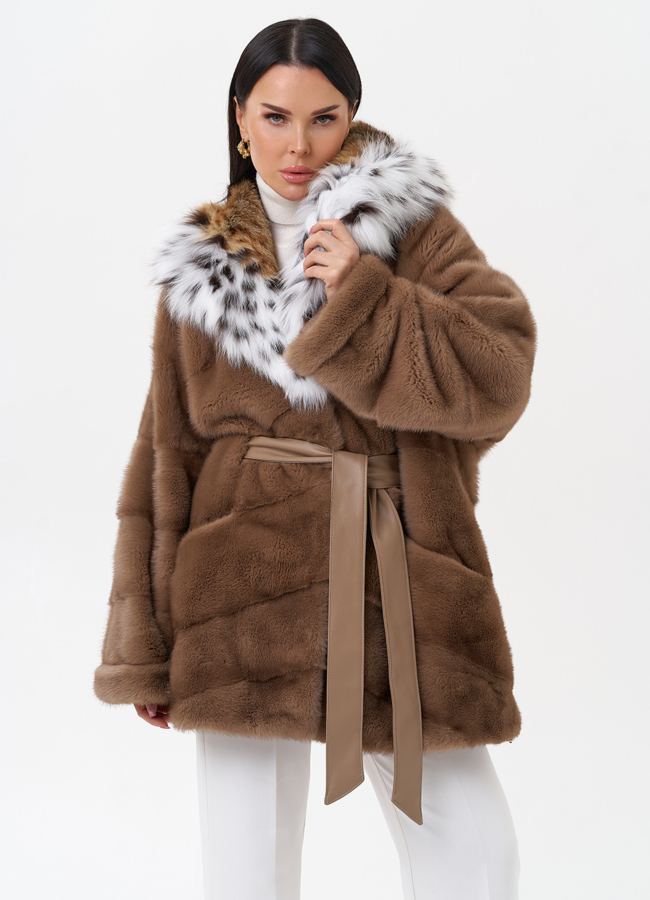 Короткая шуба из норки с рысью модель № 29523 универмаг малина