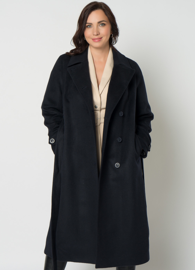 Женское пальто синего цвета с поясом модель № 21372 универмаг малина