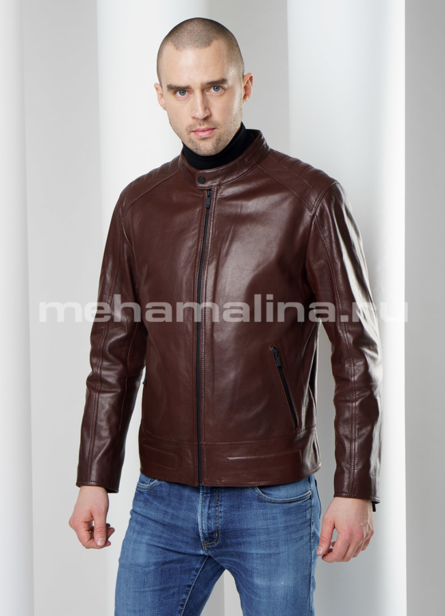 Кожаная куртка мужская модель № KP-223 меха малина