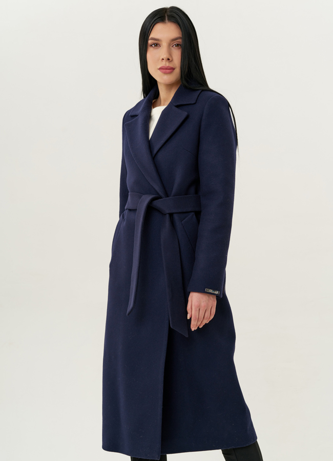 Классическое женское пальто темно-синего цвета с поясом модель № 21899 меха малина