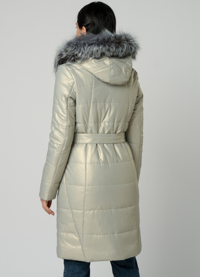 Пуховик из эко кожи с чернобуркой модель № 19073 универмаг малина